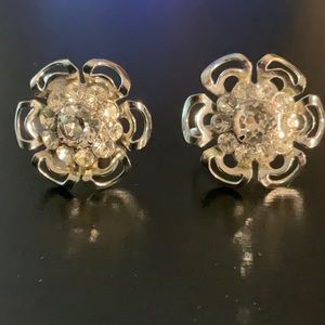 Vintage Screw Back Earrings Rhinestone Flowers
